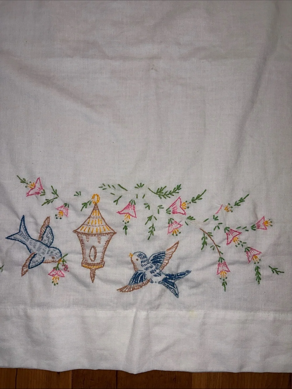 Vintage Pillowcase With Embroidered Birds And Flowers 30x20